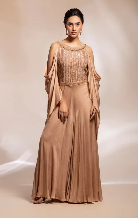 Deep champagne colour jumpsuit embellished with beaded embroidery
